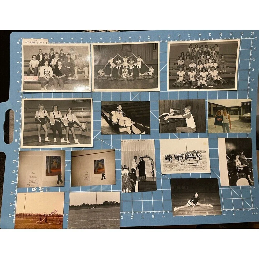 23 School Yearbook Photos w/Tags 1980’s B&W and Color Sports Cheerleading Band